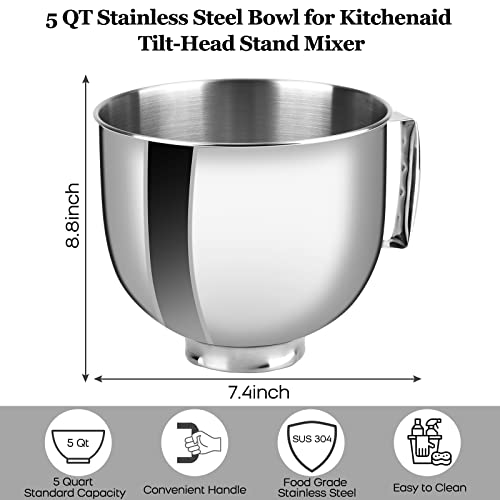 5-Quart Stainless Metal Bowl with Lid for KitchenAid Mixer (4.5/5QT) Compatibility