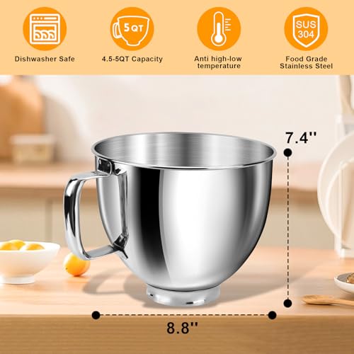 5QT KitchenAid Mixer Bowl - 304 Stainless Metal Alternative for Basic & Artisan 4.5/5QT Tilt-Head Mixers, That includes a Non-Slip Deal with