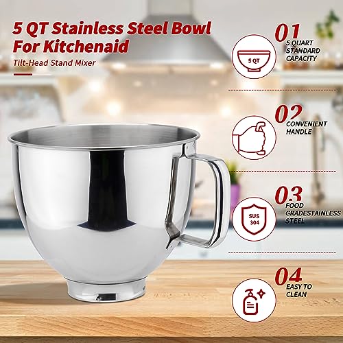 5QT Stainless Metal Mixing Bowl Suitable with KITCHENAID TILT-HEAD STAND MIXERS (4.5-5 Quart) - Alternative Mixing Bowl