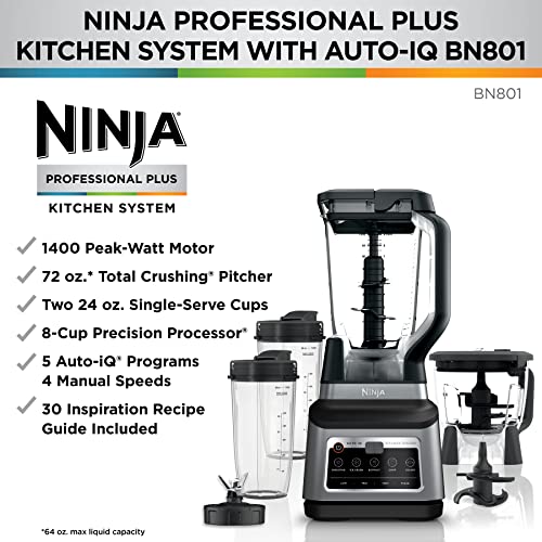 Ninja BN801 Skilled Plus Kitchen System - 1400 Watts, 5 Features for Smoothies, Chopping, Dough, and Extra with Auto IQ, Contains 72-oz. Blender Pitcher, 64-oz. Processor...